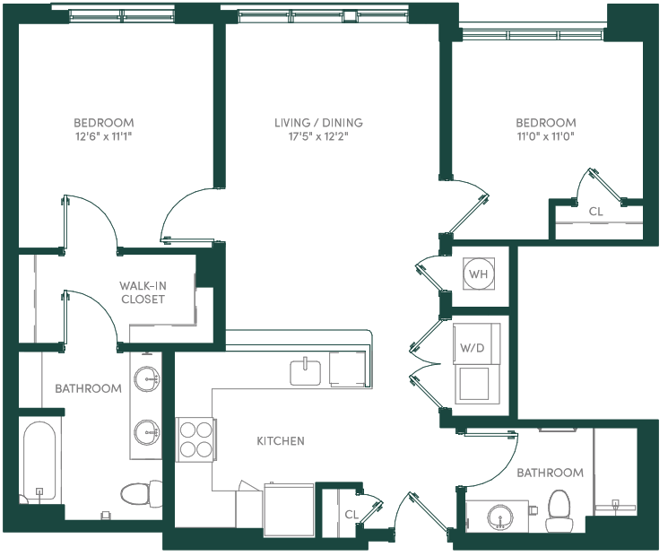 Floor plan for 2 beds, 2 baths, 993 sqft